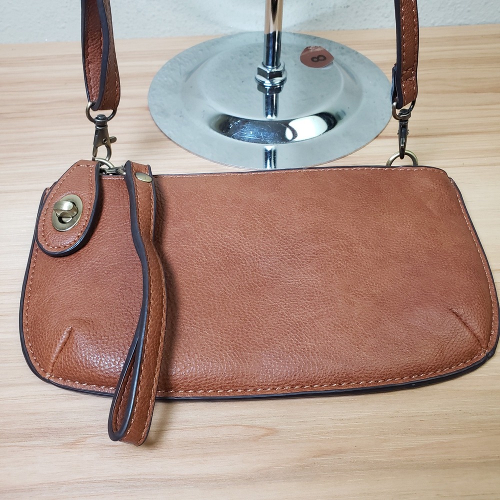 Joy Susan Zip Top Vegan Leather Clutch With Crossbody Strap Brown Minimalist